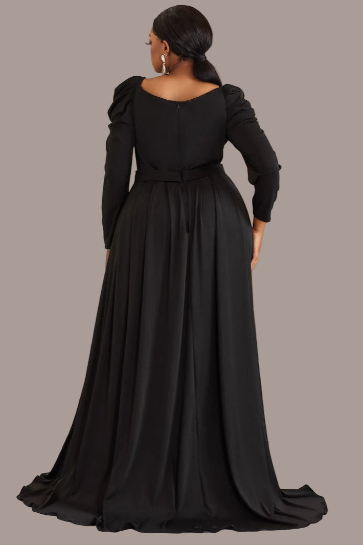 Plus Size Black V-Neck Evening Dress – Elegant Banquet Gown with Belt and Slit