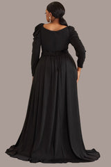 Plus Size Black V-Neck Evening Dress – Elegant Banquet Gown with Belt and Slit