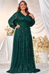 Plus Size Sequin Evening Dress – Long Sleeve V-Neck Prom Gown with Slit and Floor-Length Hem