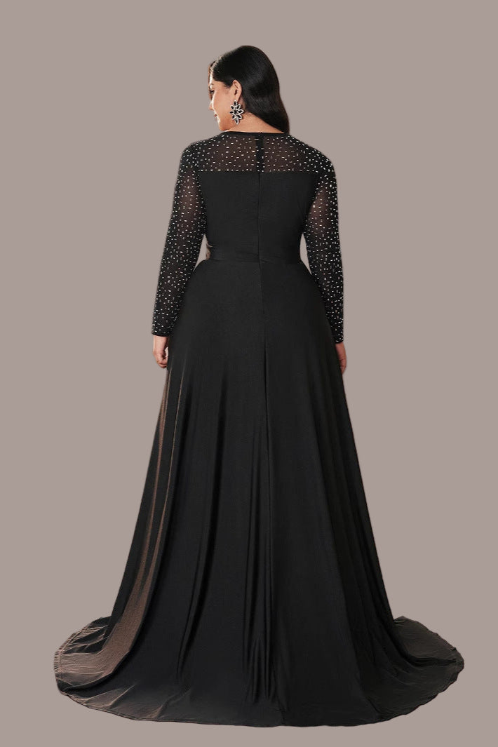 Solid Color V-Neck Evening Dress – Long Sleeve Elegant Swing Gown for Banquets