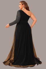 Plus Size One Sleeve Mesh Evening Dress – Elegant Diamond Patchwork Prom Party Gown