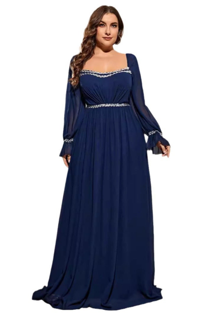 Plus Size Chiffon Evening Dress – Elegant Long Sleeve Square Neck Gown for Prom and Formal Parties