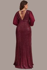 Plus Size Sequin Beaded Mermaid Evening Dress – Long Sleeve V-Neck Prom Party Gown