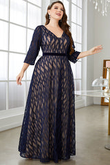 Plus Size Lace Evening Dress – Elegant V-Neck Embroidered Swing Gown with Mid-Length Sleeves