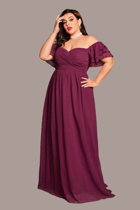 Plus Size One-Shoulder Evening Dress – Off-Shoulder Short Sleeve Gown with Slit
