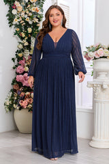 Plus Size Shiny Pleated V-Neck Evening Gown – Long Sleeve A-Line Formal Dress