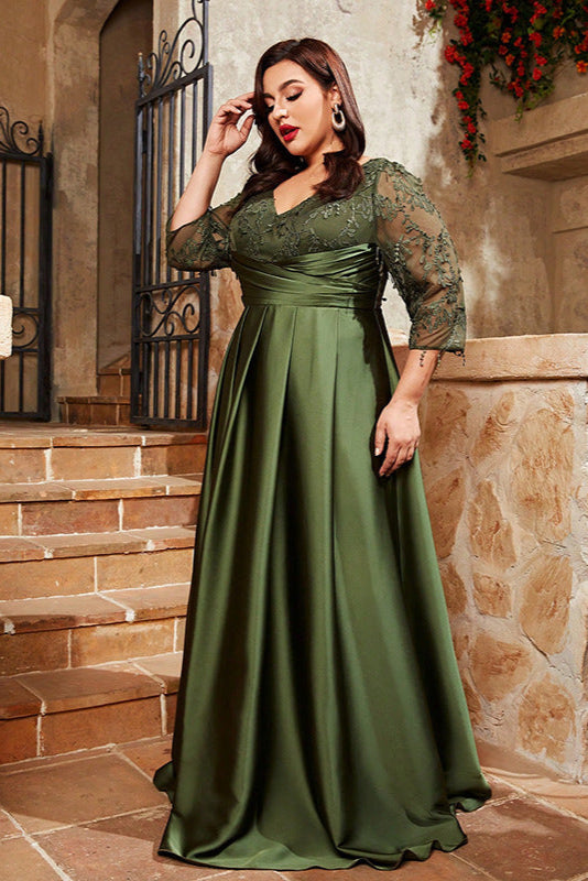 Plus Size Satin Evening Dress – Elegant V-Neck Long Sleeve Gown with Sequins and Slim Long Skirt for Women
