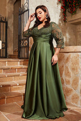 Plus Size Satin Evening Dress – Elegant V-Neck Long Sleeve Gown with Sequins and Slim Long Skirt for Women