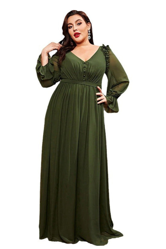 Green Long Sleeve Evening Dress – Elegant Plus Size Waist-Cinching Gown