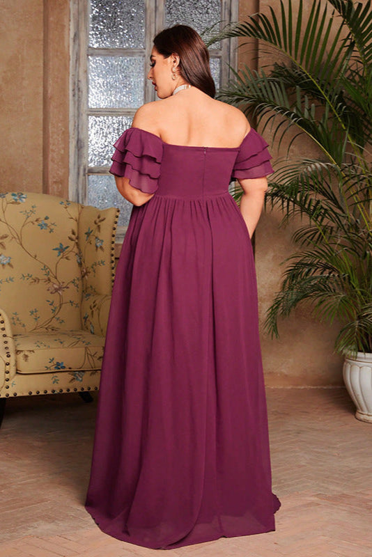 Plus Size One-Shoulder Evening Dress – Off-Shoulder Short Sleeve Gown with Slit