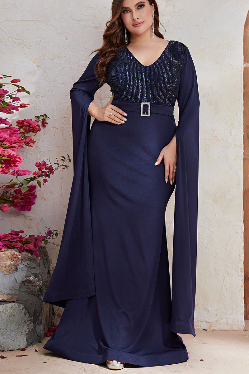 Plus Size Sequin Evening Dress – Long Sleeve V-Neck Gown with Slit