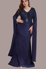 Plus Size Sequin Evening Dress – Long Sleeve V-Neck Gown with Slit