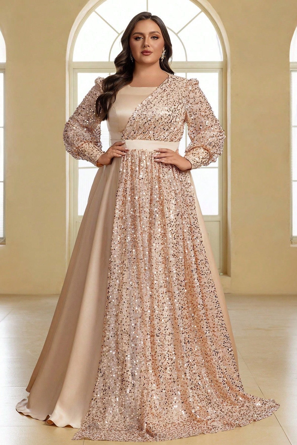 Plus Size Crew Neck with Balloon Sleeves Sequin Satin Evening Dress