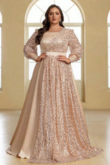 Plus Size Crew Neck with Balloon Sleeves Sequin Satin Evening Dress