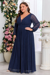 Plus Size Shiny Pleated V-Neck Evening Gown – Long Sleeve A-Line Formal Dress