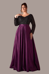 Black Satin Sequin Evening Gown – V-Neck Long Sleeve Elegant Prom & Host Dress