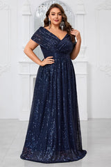 Shiny Sequin Plus Size V-Neck Dress – Shawl Sleeve Formal Evening Wear