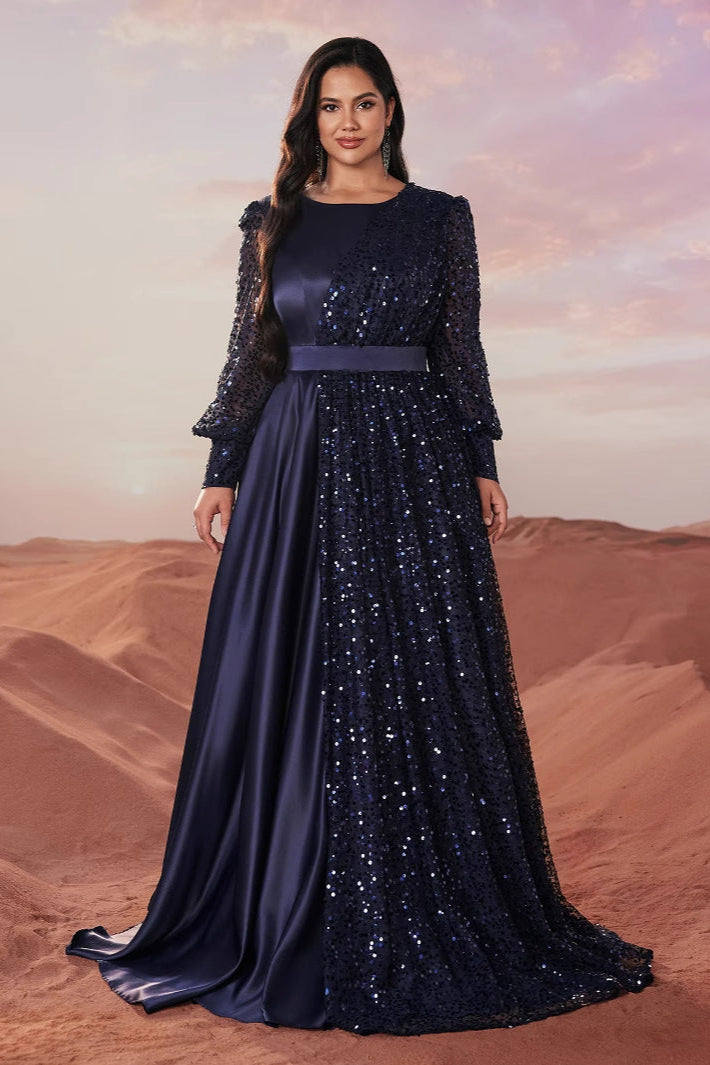 Plus Size Crew Neck with Balloon Sleeves Sequin Satin Evening Dress