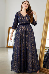Plus Size Lace Evening Dress – Elegant V-Neck Embroidered Swing Gown with Mid-Length Sleeves