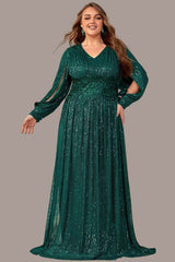 Plus Size Sequin Evening Dress – Long Sleeve V-Neck Prom Gown with Slit and Floor-Length Hem