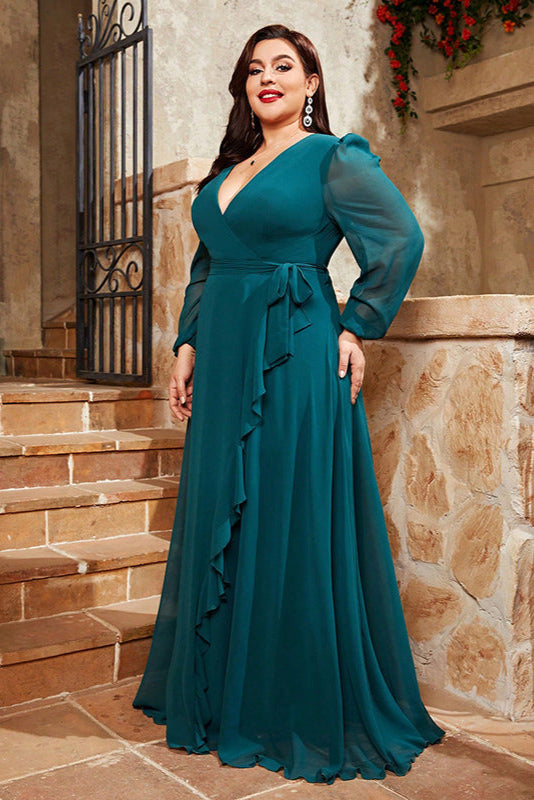 Plus Size Dress – Long Sleeve Chiffon Ruffle Mid-Length Gown