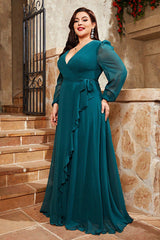 Plus Size Dress – Long Sleeve Chiffon Ruffle Mid-Length Gown