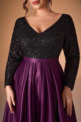 Black Satin Sequin Evening Gown – V-Neck Long Sleeve Elegant Prom & Host Dress