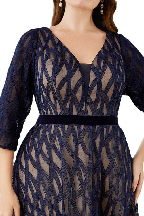 Plus Size Lace Evening Dress – Elegant V-Neck Embroidered Swing Gown with Mid-Length Sleeves