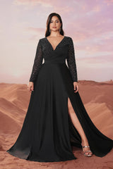 Solid Color V-Neck Evening Dress – Long Sleeve Elegant Swing Gown for Banquets
