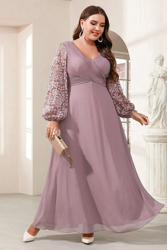 Plus Size Satin Evening Dress – V-Neck Long Sleeve Slim Gown with Sequins for Women