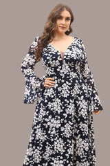 Plus Size Floral Evening Dress – Slim Fit Long Sleeve Gown with Bell Sleeves for Annual Meetings and Parties
